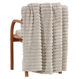 softan faux fur blanket, soft fuzzy fluffy striped fleece throw blanket for couch sofa living room, beige furry throw blanket, cream white fur throws - 50"x 60"