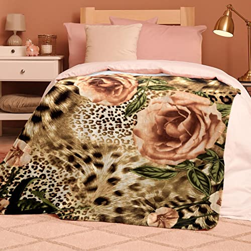 Bedding Bed Blanket Queen Size Plush Blanket Fleece Blanket for Bed and Couch, Leopard Print Retro Rose Floral