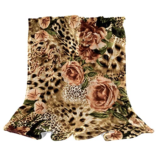 Bedding Bed Blanket Queen Size Plush Blanket Fleece Blanket for Bed and Couch, Leopard Print Retro Rose Floral