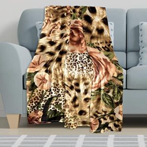 Bedding Bed Blanket Queen Size Plush Blanket Fleece Blanket for Bed and Couch, Leopard Print Retro Rose Floral