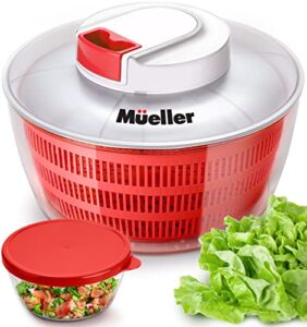 mueller salad spinner with quickchop pull chopper, vegetable washer with bowl, anti-wobble tech, lockable colander basket and lid with pull cord - lettuce washer and dryer