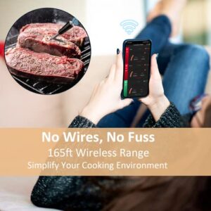 Wireless Meat Thermometer, Smart Bluetooth Meat Thermometer with 165ft Wireless Range, Food Thermometer for Grill, Oven, BBQ, Kitchen, Smoker, Air Fryer, Rotisserie (1 Probe)