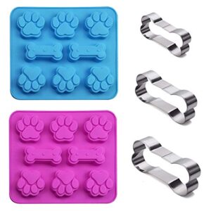 set of 5, 2 packs silicone molds puppy dog paw & bone shaped 2 in 1 and 3 packs stainless steel bone cookie cutter,for homemade treats and cat animal paw ice candy chocolate baking mold (blue&pink)