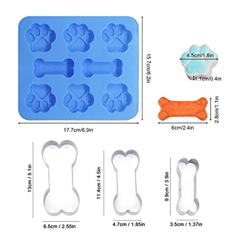 Set of 5, 2 Packs Silicone Molds Puppy Dog Paw & Bone Shaped 2 in 1 and 3 Packs Stainless Steel Bone Cookie Cutter,for Homemade Treats and Cat Animal Paw Ice Candy Chocolate Baking Mold (Blue&Pink)