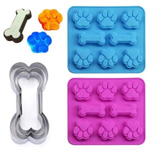 Set of 5, 2 Packs Silicone Molds Puppy Dog Paw & Bone Shaped 2 in 1 and 3 Packs Stainless Steel Bone Cookie Cutter,for Homemade Treats and Cat Animal Paw Ice Candy Chocolate Baking Mold (Blue&Pink)