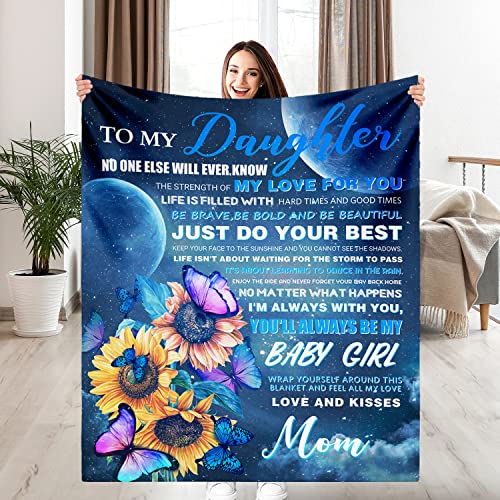 to My Daughter Blanket from Mom, Butterfly Moon Sunflower Ultra-Soft Fleece Flannel Throw Blankets for Warm Birthday Present, Graduation Gift, Thanksgiving Day and Christmas