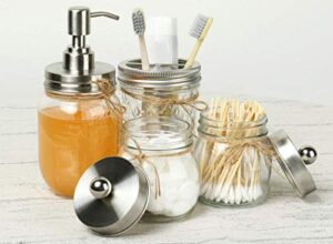mason jar bathroom accessories set - lotion soap dispenser, 2 apothecary jars, toothbrush holder, rustic farmhouse decor apothecary jars bathroom countertop vanity organizer (silver)