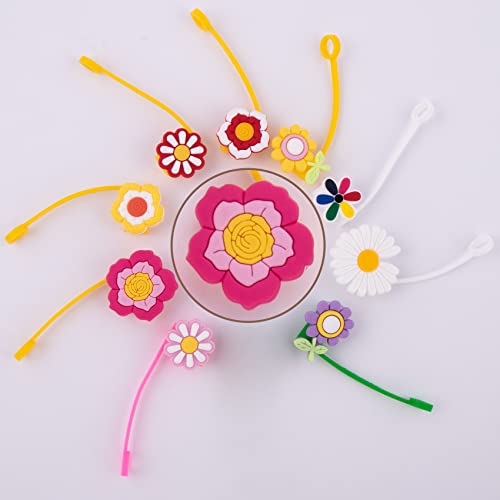 HINZIC 9 Pcs Silicone Straw Cover Cap Reusable Colored Dust-Proof Flower Blossom Cute Drinking Straw Tips Set Straws Plug for 6-8 mm(0.3 Inch) for Stanley Cup Straw Travel Home Outdoor