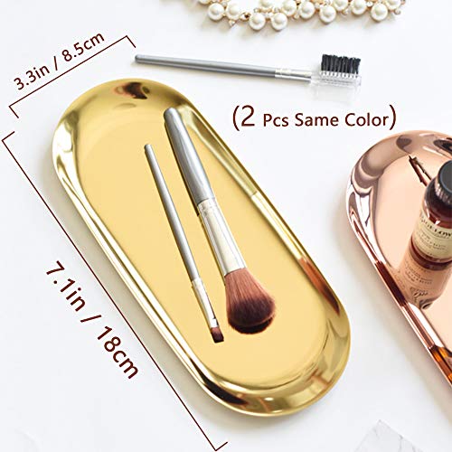2 Pack 7.1in Stainless Steel Storage Tray, Premium Metal Organizer Plate to Hold Fruit, Tea, Cosmetics, Jewelry, Oval Stainless Steel Towel Tray for Vanity, Bathroom, Closets (Gold)