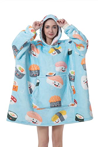 Wearable Blanket Hoodie, Oversized Sherpa Hooded Blanket Sweatshirt Extremely Cozy, Warm, Soft and Fuzzy Hoodie Blanket (Sushi Blue)