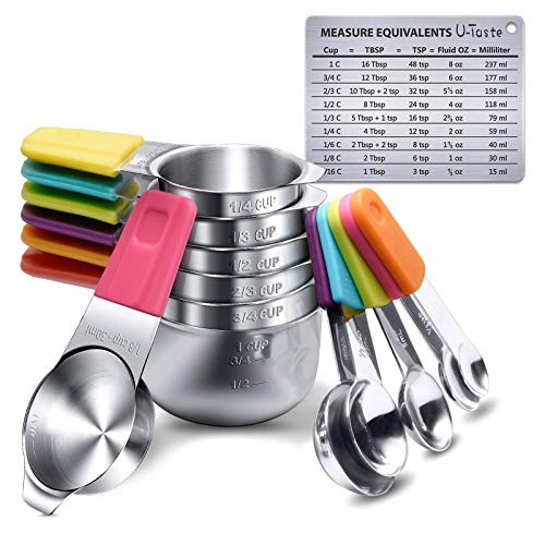 Measuring Cups, U-Taste Magnetic Measuring Cups and Spoons Set of 13 in 18/8 Stainless Steel: 7 Measuring Cups and 5 Measuring Spoons with 1 Professional Magnetic Measurement Conversion Chart