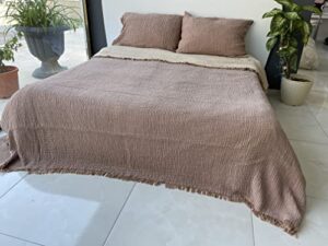 muslin blanket 100% cotton, 4 layers bedspread, soft turkish cotton muslin bed cover, reversible coverlet, brown (king size 95x102-230x260cm)