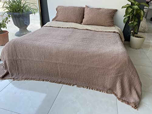 Muslin Blanket 100% Cotton, 4 Layers Bedspread, Soft Turkish Cotton Muslin Bed Cover, Reversible Coverlet, Brown (King Size 95x102-230x260cm)