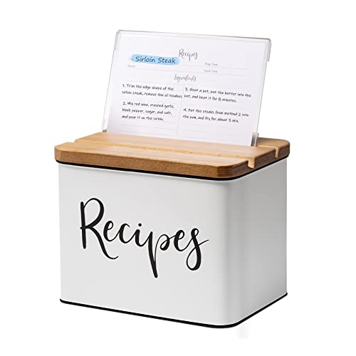 Deppon Recipe Box with Cards and Dividers, White Metal Vintage Farmhouse Design Recipe Organization Box, 4 x 6 Recipe Cards and Box Set with Grooved lid