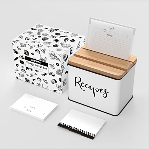 Deppon Recipe Box with Cards and Dividers, White Metal Vintage Farmhouse Design Recipe Organization Box, 4 x 6 Recipe Cards and Box Set with Grooved lid