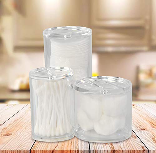 Home-X Bathroom Organizer Jars, 3 in 1 Acrylic Storage Containers with Lids, Vanity Decor, Cotton Rounds and Swabs Organizer, 5 ½” H x 2 ¾” D, 3" H x 3" D, 3 ¾” H x 2 ¼” D