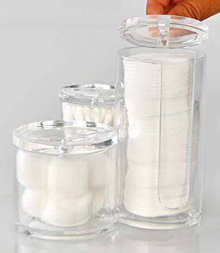 Home-X Bathroom Organizer Jars, 3 in 1 Acrylic Storage Containers with Lids, Vanity Decor, Cotton Rounds and Swabs Organizer, 5 ½” H x 2 ¾” D, 3" H x 3" D, 3 ¾” H x 2 ¼” D