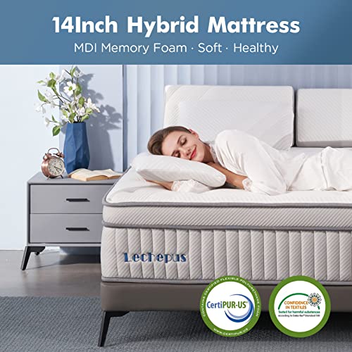 Lechepussleep Queen Mattress,Lechepus 14 Inch Hybrid Memory Foam Mattresses with Pocket Springs,Mattress in Box,Plush Feel Euro Top Mattress for Cool Sleep & Back Pain Relief,CertiPUR-US Foam