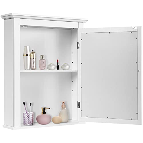 DORTALA Mirrored Bathroom Cabinet, Wall Mount Wooden Medicine Storage Cabinet w/Single Door & Adjustable Shelf, Multipurpose Home Organizer for Hallway Living Room Bedroom, White