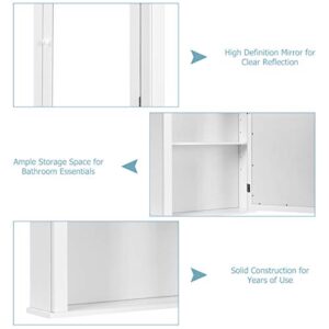 DORTALA Mirrored Bathroom Cabinet, Wall Mount Wooden Medicine Storage Cabinet w/Single Door & Adjustable Shelf, Multipurpose Home Organizer for Hallway Living Room Bedroom, White