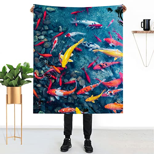 Japanese Koi Carp Blanket 40" x 50" Pond Swims Beautiful Goldfish Super Soft Bedding Fleece Throw Blanket Microfiber Flannel Blankets Sofa Living Room Bedroom Warm Lightweight for Men and Women