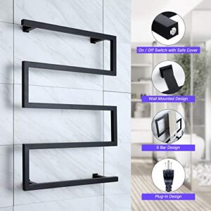 BERGOTO Towel Warmer Rack 5 Bar Stainless Steel Space Saving Plug-in Wall Mounted Cloth Towel Heated Drying Rack for Home Bathroom (Black)