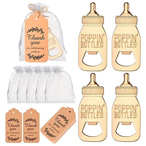 50 Pieces Baby Bottle Openers, Poppin Bottle Design for Baby Shower Favors with Tank You Gift Tag Card in Bulk