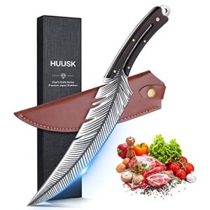 Huusk Japan Knife, Sharp Feather Knife Hand Forged Viking Knife High Carbon Steel Butcher Knife Boning knife for Meat Cutting Japanese Chef Knives Cooking Knife with Sheath for Kitchen Outdoor Camping