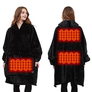 electric heated wearable blanket hoodie, oversized blanket sweatshirt for women/men without battery and adapter (black)