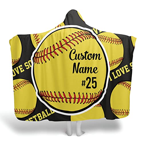 Custom Softball Hooded Blanket, I Love Softball Blankets and Throws, Softball Stuff for Girls Oversized Wearable Hooded Sports Blanket Adult Hooded Blanket for Boys Girls Adults