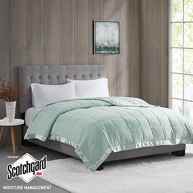 Madison Park Windom Down Alternative Blanket, Premium 3M Scotchgard Moisture Wicking Treatment, Lightweight and Soft Bed Cover For Summer, Satin Trim, Seafoam Full/Queen