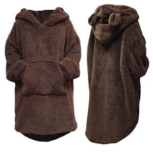cute blanket hoodie adult bunny or bear fashion blanket hoodies sweater furry fluffy blanket sweatshirt soft cozy oversized women men,warm fleece sherpa blanket jacket,aldult,brown bear