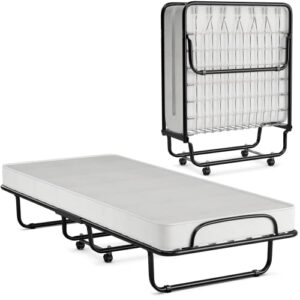 komfott rollaway folding bed with 4" mattress, foldable rollaway bed with memory foam mattress for adults, portable fold up guest bed with sturdy steel frame on wheels for home & office, made in italy