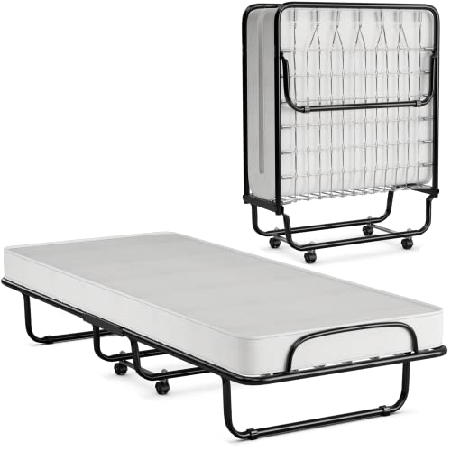 KOMFOTT Rollaway Folding Bed with 4" Mattress, Foldable Rollaway Bed with Memory Foam Mattress for Adults, Portable Fold Up Guest Bed with Sturdy Steel Frame on Wheels for Home & Office, Made in Italy