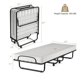 KOMFOTT Rollaway Folding Bed with 4" Mattress, Foldable Rollaway Bed with Memory Foam Mattress for Adults, Portable Fold Up Guest Bed with Sturdy Steel Frame on Wheels for Home & Office, Made in Italy