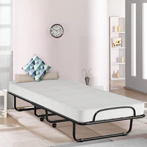 KOMFOTT Rollaway Folding Bed with 4" Mattress, Foldable Rollaway Bed with Memory Foam Mattress for Adults, Portable Fold Up Guest Bed with Sturdy Steel Frame on Wheels for Home & Office, Made in Italy