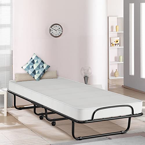 KOMFOTT Rollaway Folding Bed with 4" Mattress, Foldable Rollaway Bed with Memory Foam Mattress for Adults, Portable Fold Up Guest Bed with Sturdy Steel Frame on Wheels for Home & Office, Made in Italy