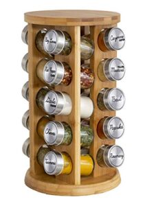 orii 20 jar spice rack with spices included - tower organizer for kitchen spices and seasonings, free spice refills for 5 years (bamboo wood)