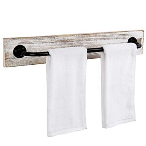 cadby 24-inch vintage whitewashed wood and black metal wall mounted towel bar rack, bathroom towel holder