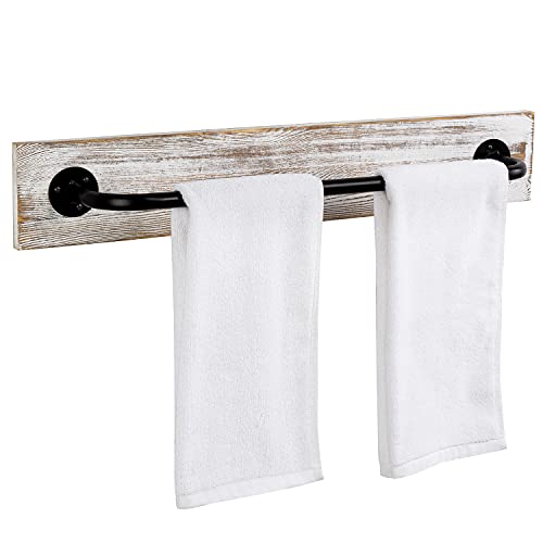 Cadby 24-inch Vintage Whitewashed Wood and Black Metal Wall Mounted Towel Bar Rack, Bathroom Towel Holder