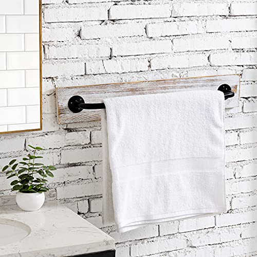 Cadby 24-inch Vintage Whitewashed Wood and Black Metal Wall Mounted Towel Bar Rack, Bathroom Towel Holder