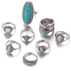 sourban 8 pcs imitation turquoise finger rings set women vintage hollow wide party wedding rings