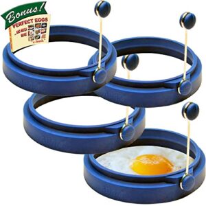 professional silicone egg ring- pancake breakfast sandwiches - benedict eggs - omelets and more nonstick mold ring round, blue (4-pack)