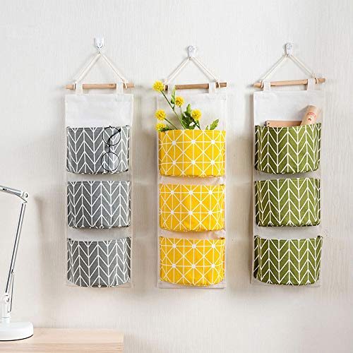 3 Grids Pockets Wall Hanging Storage Bag,Cloth Closet Storage Organizer Pouch, BCDlily Towel Clothes Storage Bag Small Stuff Container (Gray)