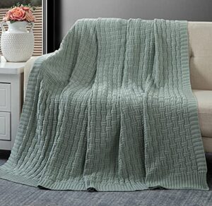 rudong m sage green cotton cable knit throw blanket, cozy warm knitted couch cover blankets, 50 x 60 inch