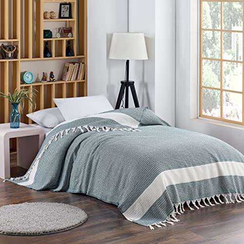 Aegean Concept Blanket, Vintage Boho Rustic 100% Cotton Super Soft 90"x102" (230 cm x 260 cm) King Size, Adult Turkish Muslin Light Bedcover Bedspread King Blankets, (Dark Green)