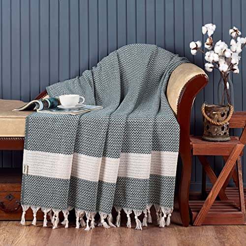 Aegean Concept Blanket, Vintage Boho Rustic 100% Cotton Super Soft 90"x102" (230 cm x 260 cm) King Size, Adult Turkish Muslin Light Bedcover Bedspread King Blankets, (Dark Green)