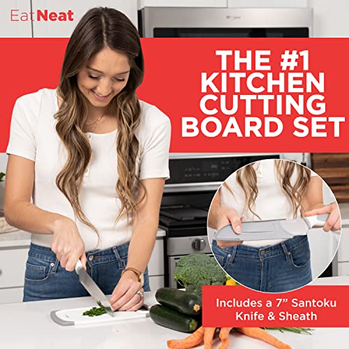 EatNeat 5 pc Cutting Board and Kitchen Knife Set - Premium Plastic Cutting Boards and Kitchen Knife Set, Home Essentials Kit Includes Stainless Steel Santoku Knife With Sheath and 3 Chopping Boards