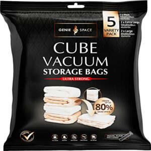 genie space - incredibly strong premium cube space saving vacuum bags | variety 5 pack (1mx+2xl+2l) | airtight & reusable | create 80% more space | for clothes, towels, bedding, duvets and more.