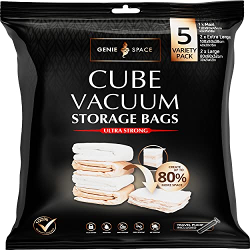 GENIE SPACE - Incredibly Strong Premium Cube Space Saving Vacuum Bags | Variety 5 Pack (1MX+2XL+2L) | Airtight & Reusable | Create 80% more space | For Clothes, Towels, Bedding, Duvets and more.